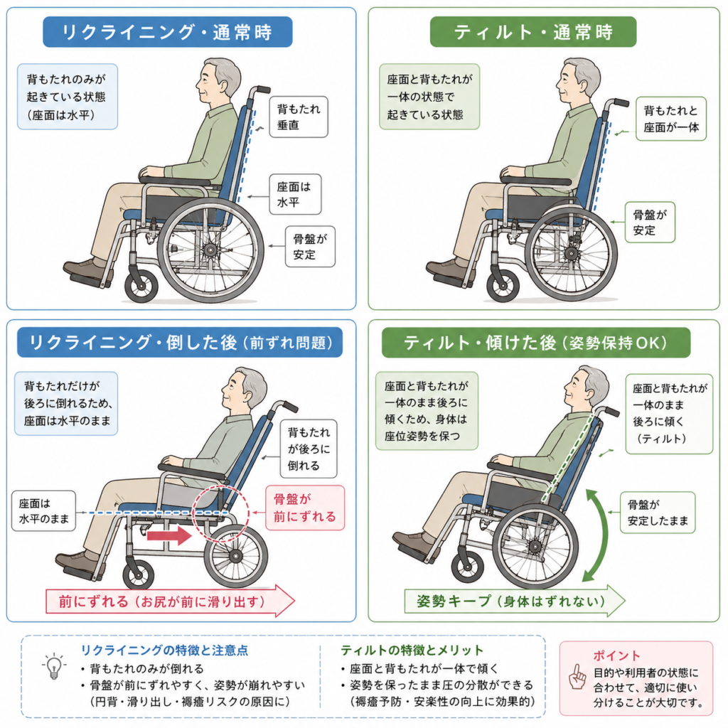 リクライニング機能とティルト機能の違いを示した図。リクライニングは背もたれだけが倒れて骨盤が前にずれる、ティルトはシート全体が傾いて姿勢を保持できることを比較。