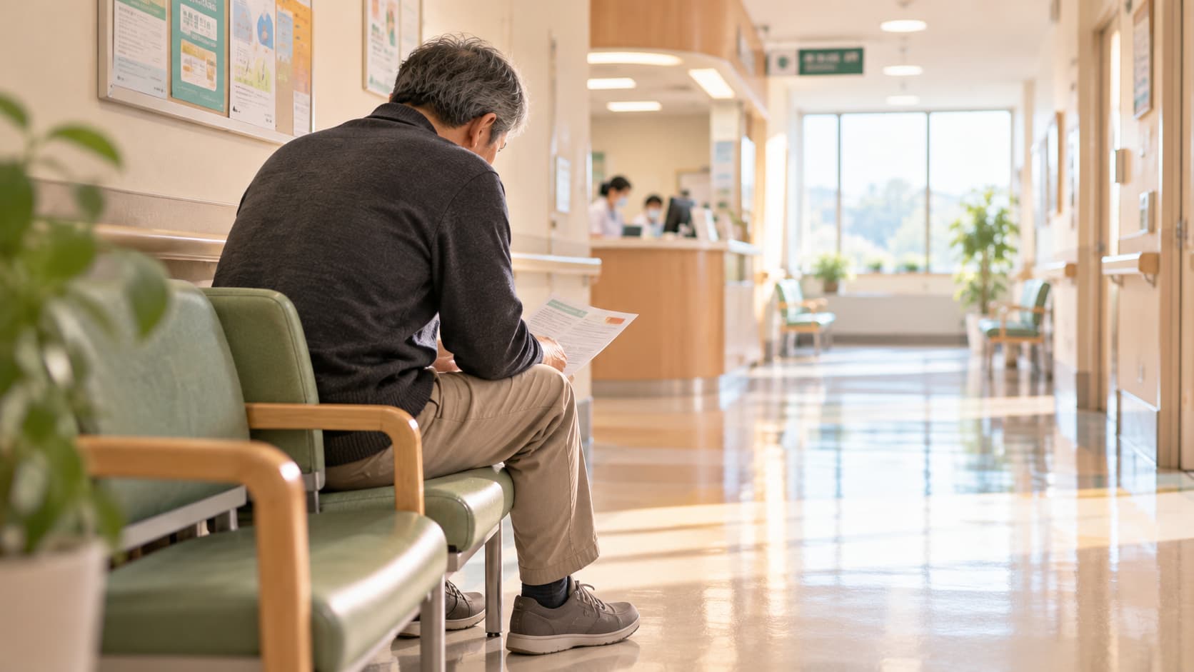 病院の廊下で、説明の書類を持ったまま座り込んでいる家族