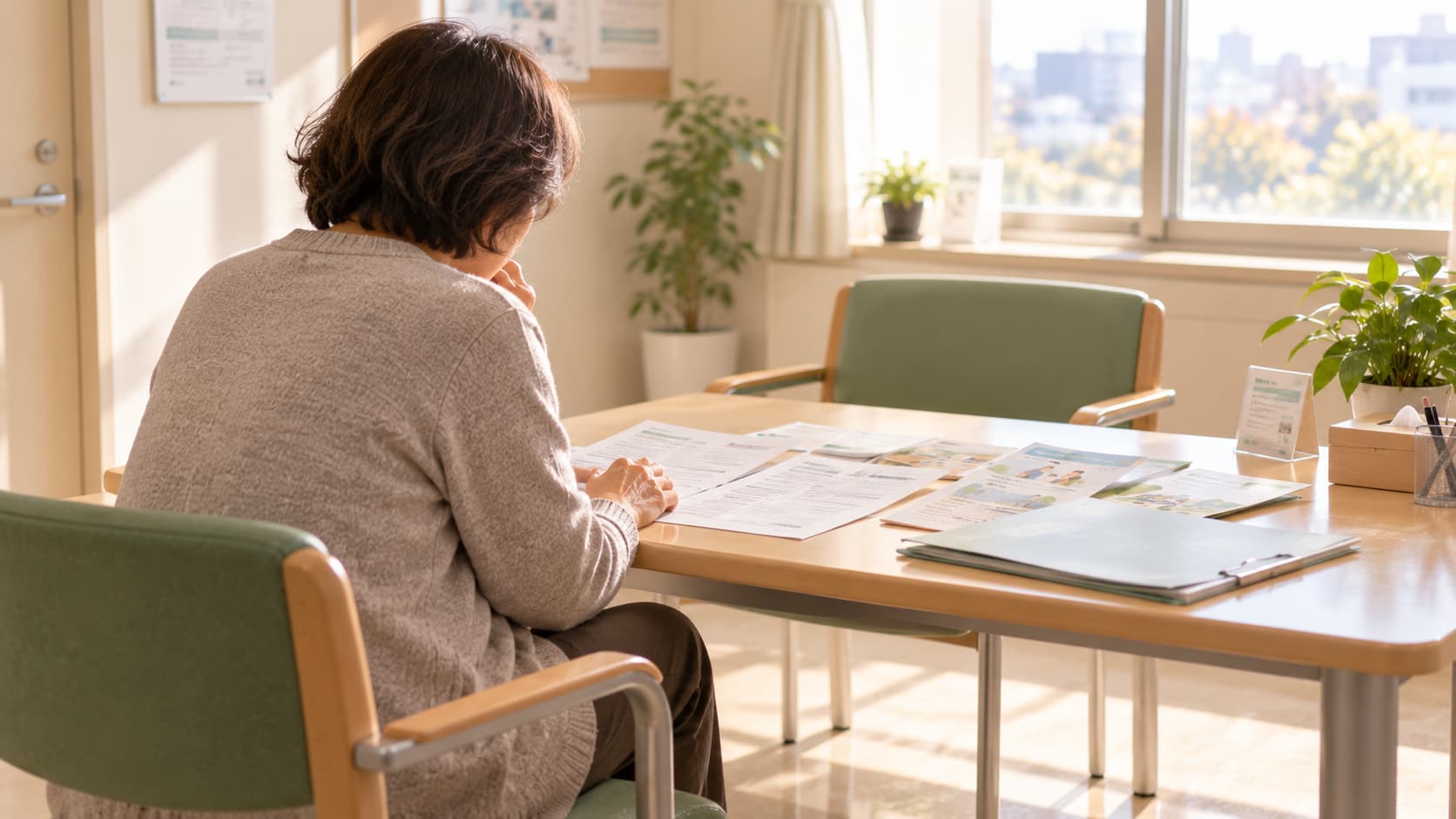 病院の面談室で、説明の書類を前にひとりで座っている家族