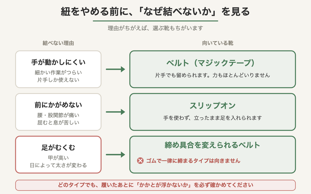 紐が結べない理由と向いている靴の対応図。手が動かしにくい人はベルト、かがめない人はスリップオン、むくむ人は締め具合を変えられるベルト